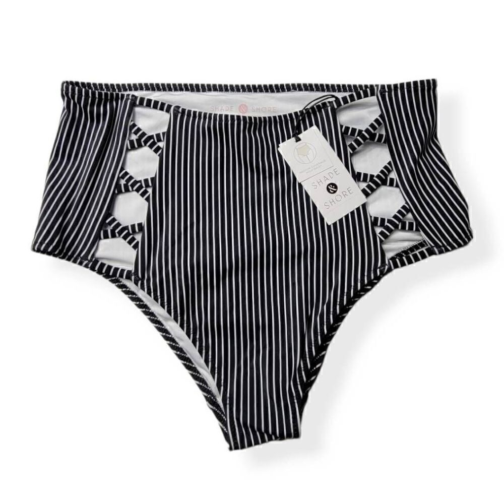 Shade & Shore Striped High Waist Bikini Bottom Large